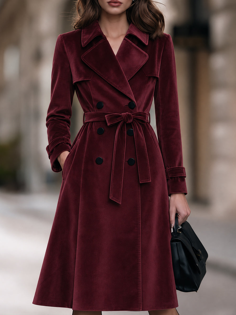 Double-Breasted Velvet Trench Coat With Self-Tie Belt