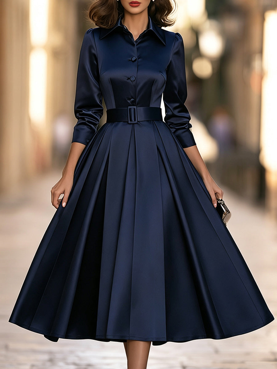 Belted Satin Button-Front Pleated Shirt Midi Dress