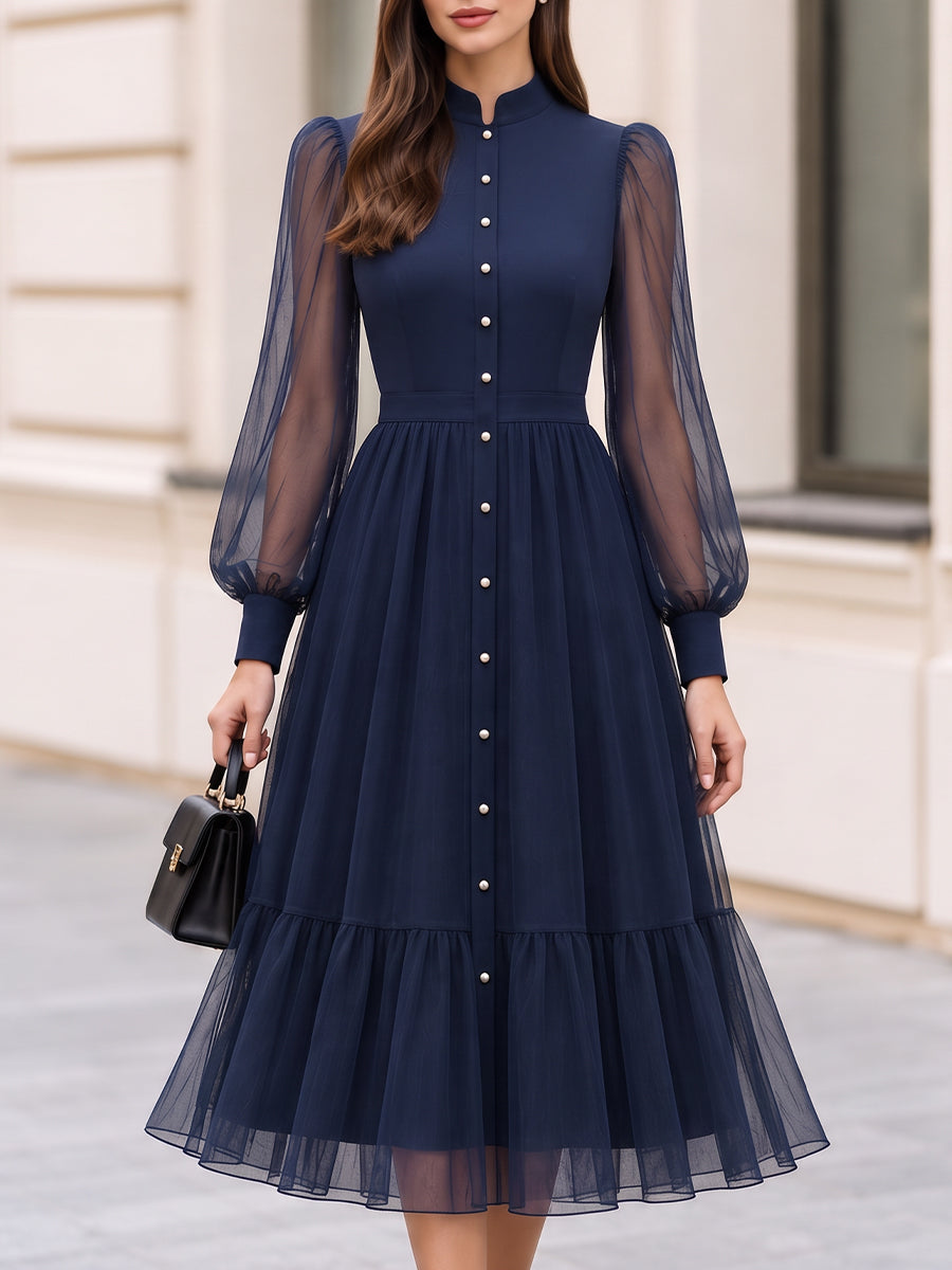 Stand Collar Sheer Mesh Bishop Sleeve Tiered Midi Dress