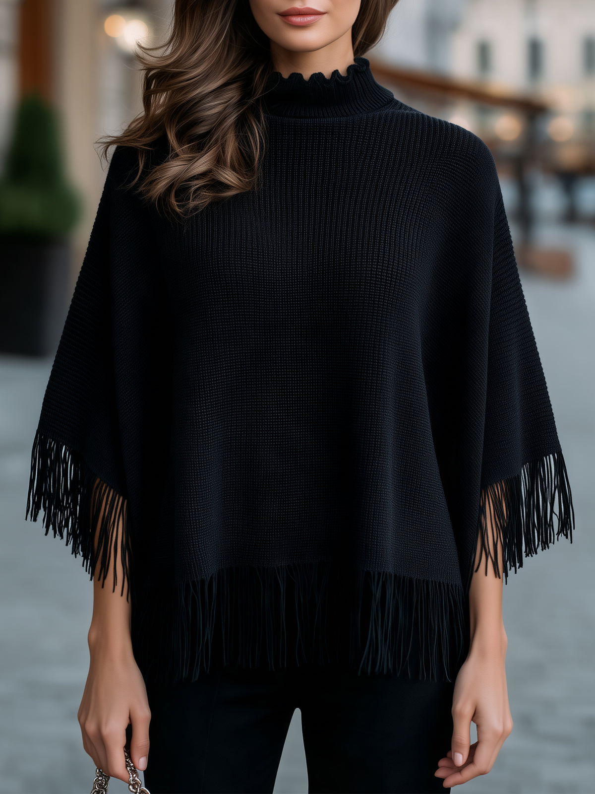 Fringe Trim High Neck Knit Cape Sweater