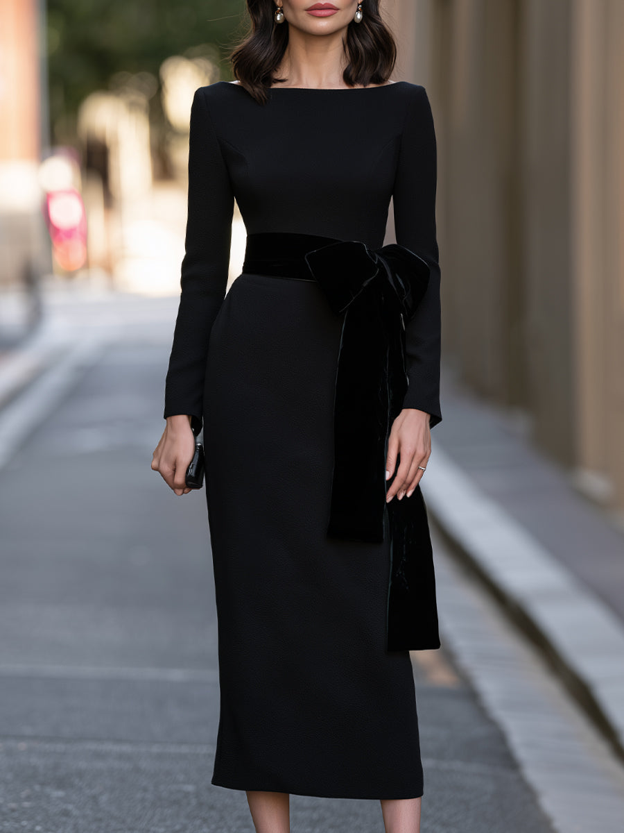 Fixed Velvet Belt Boat-Neck Long-Sleeve Crepe Midi Dress