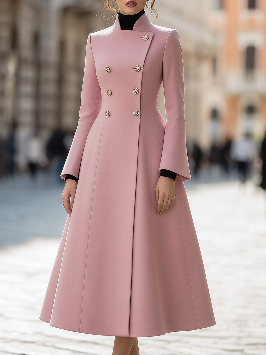 Pink Stand Collar Double Breasted Flared Midi Coat