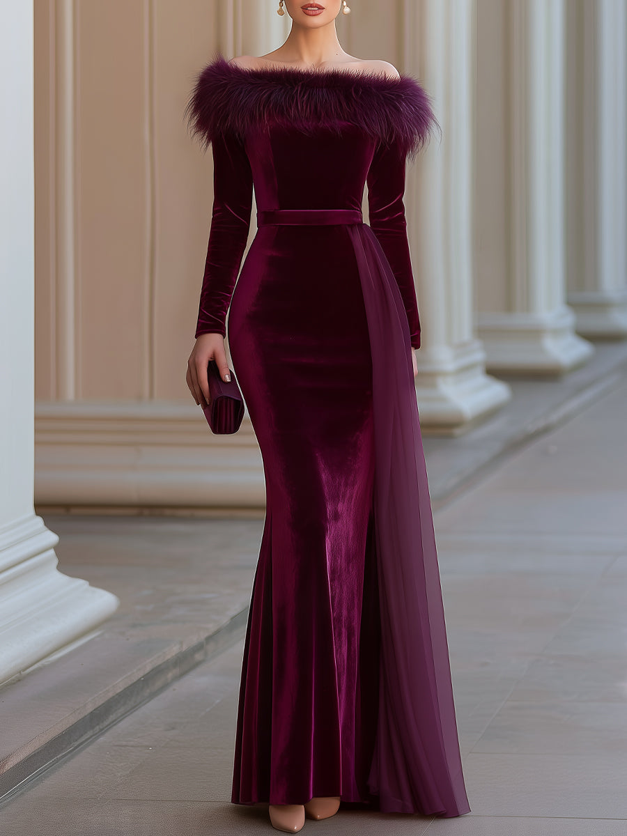 Velvet Off-Shoulder Faux Fur Trim Mermaid Maxi Evening Dress