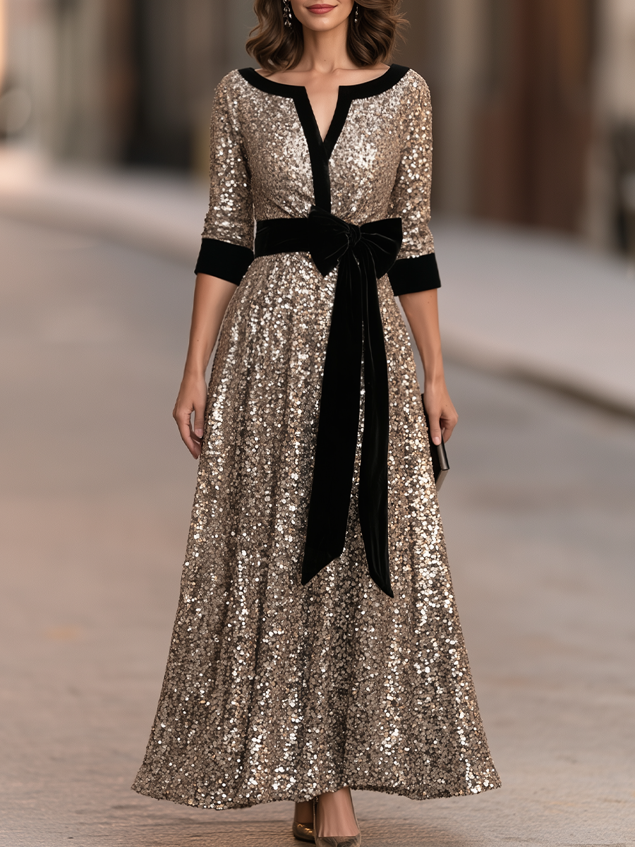Velvet Trim Bow Waist Sequin Maxi Dress