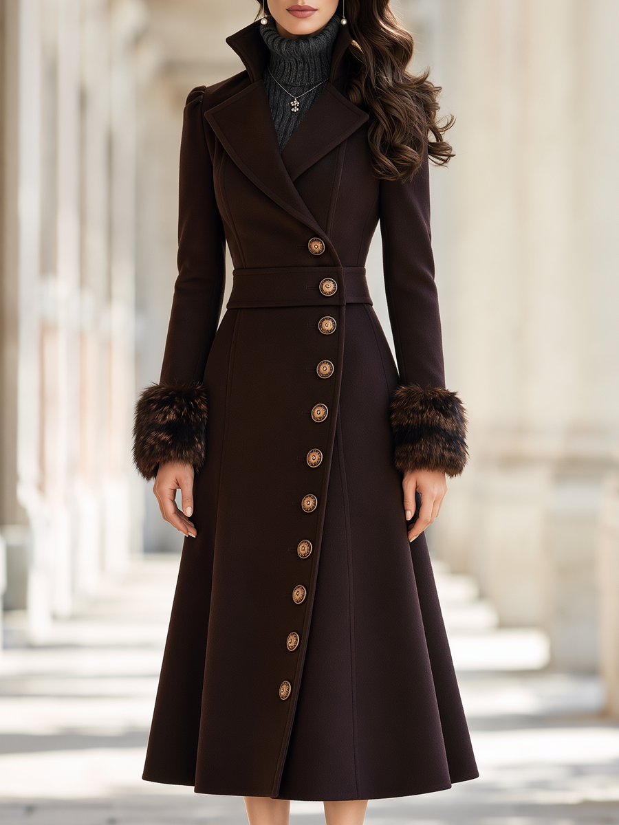 Elegant Diagonal Button Faux Fur Cuffs Fitted Midi Overcoat