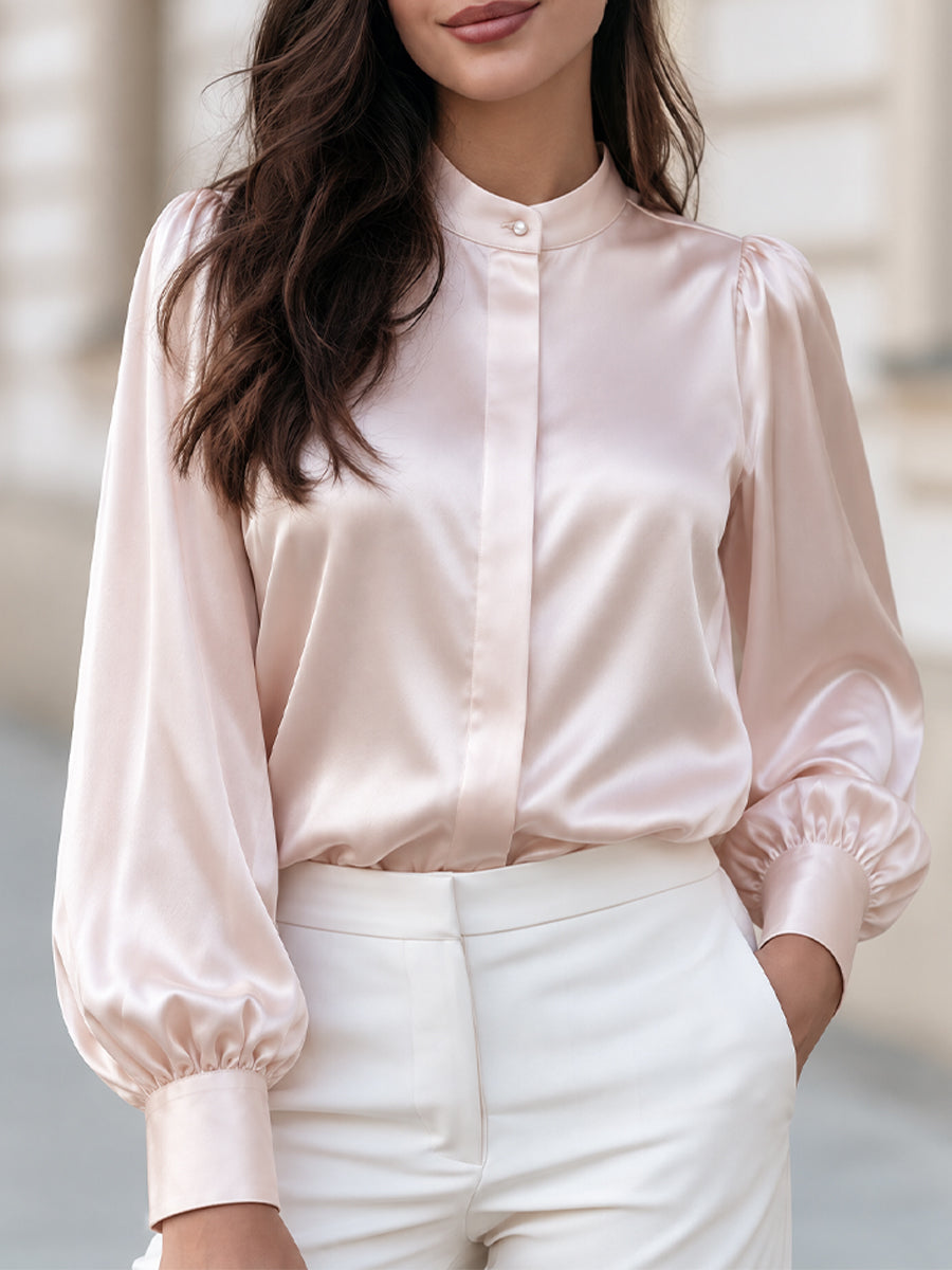 Stand Collar Pearl Button Satin Bishop Long Sleeve Blouse