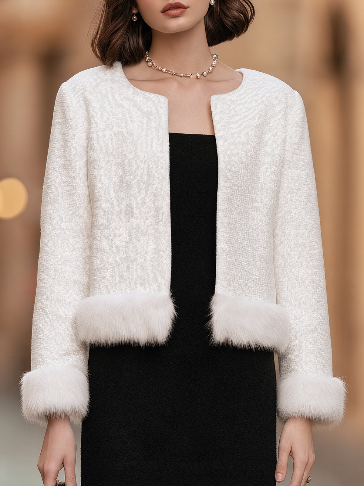 Faux Fur Trim Open-Front Cropped Jacket