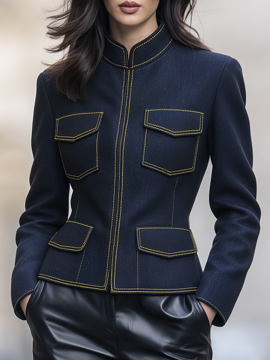 Navy Stand Collar Gold Stitch Trim Cropped Jacket