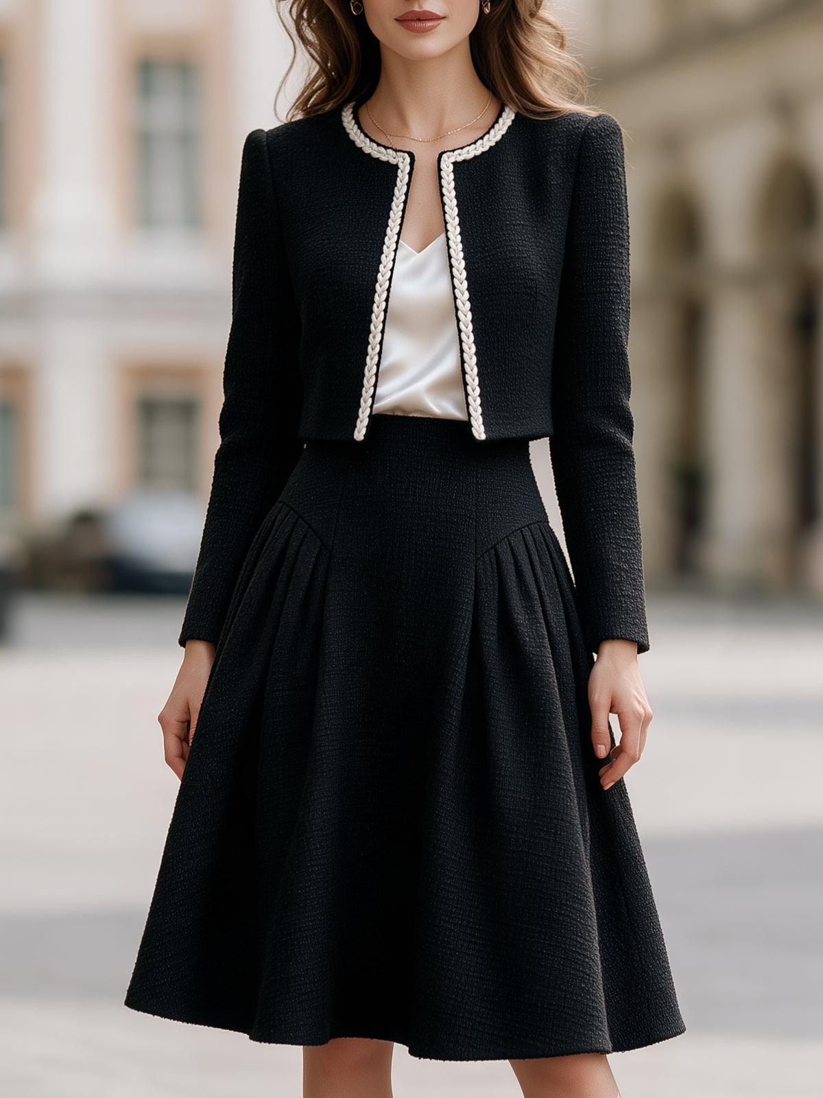 Tweed Jacket, Skirt & Long Sleeve Satin Blouse Three-Piece Set