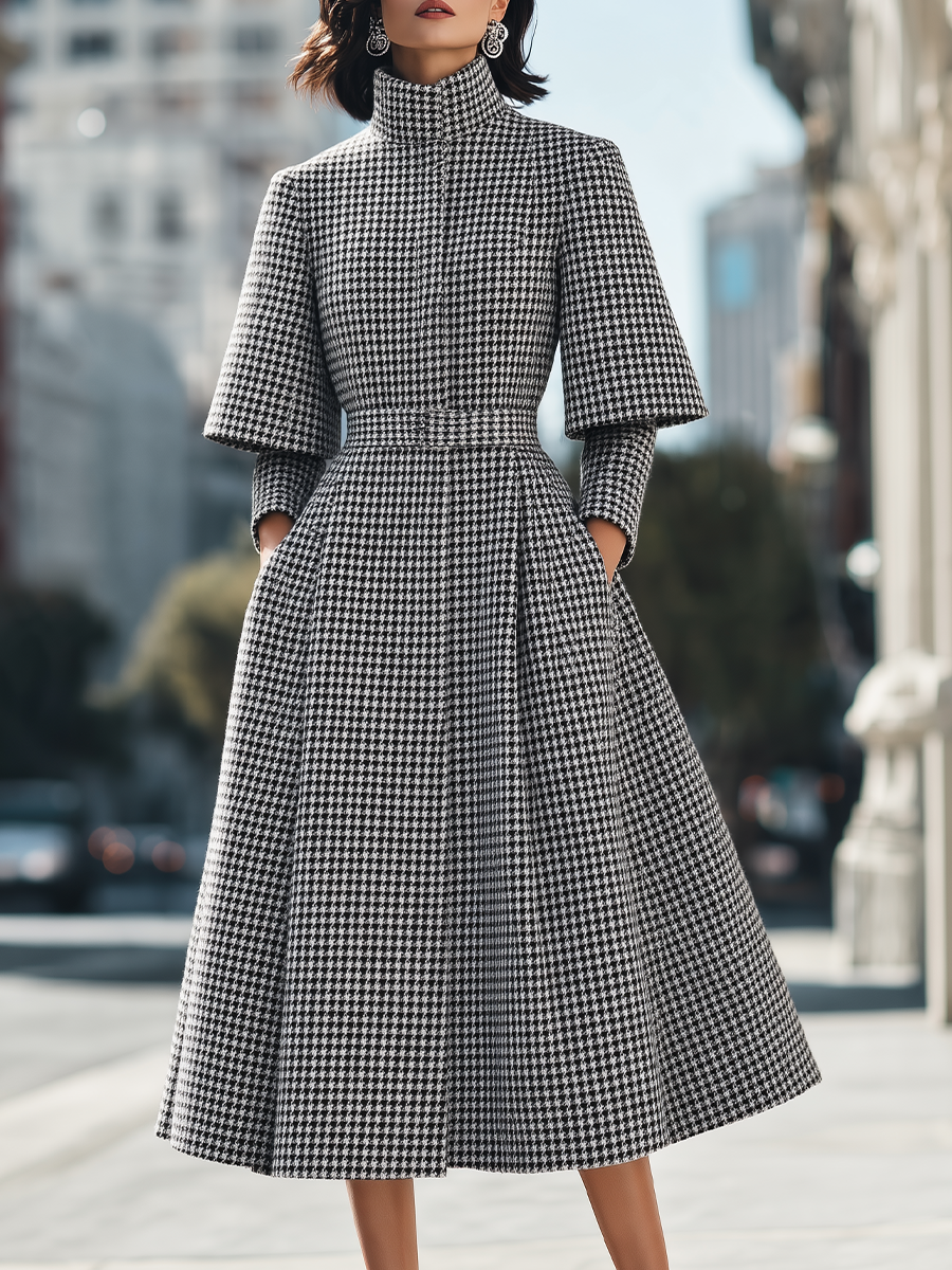 Houndstooth High Neck Layered Sleeve Belted Wool Midi Coat