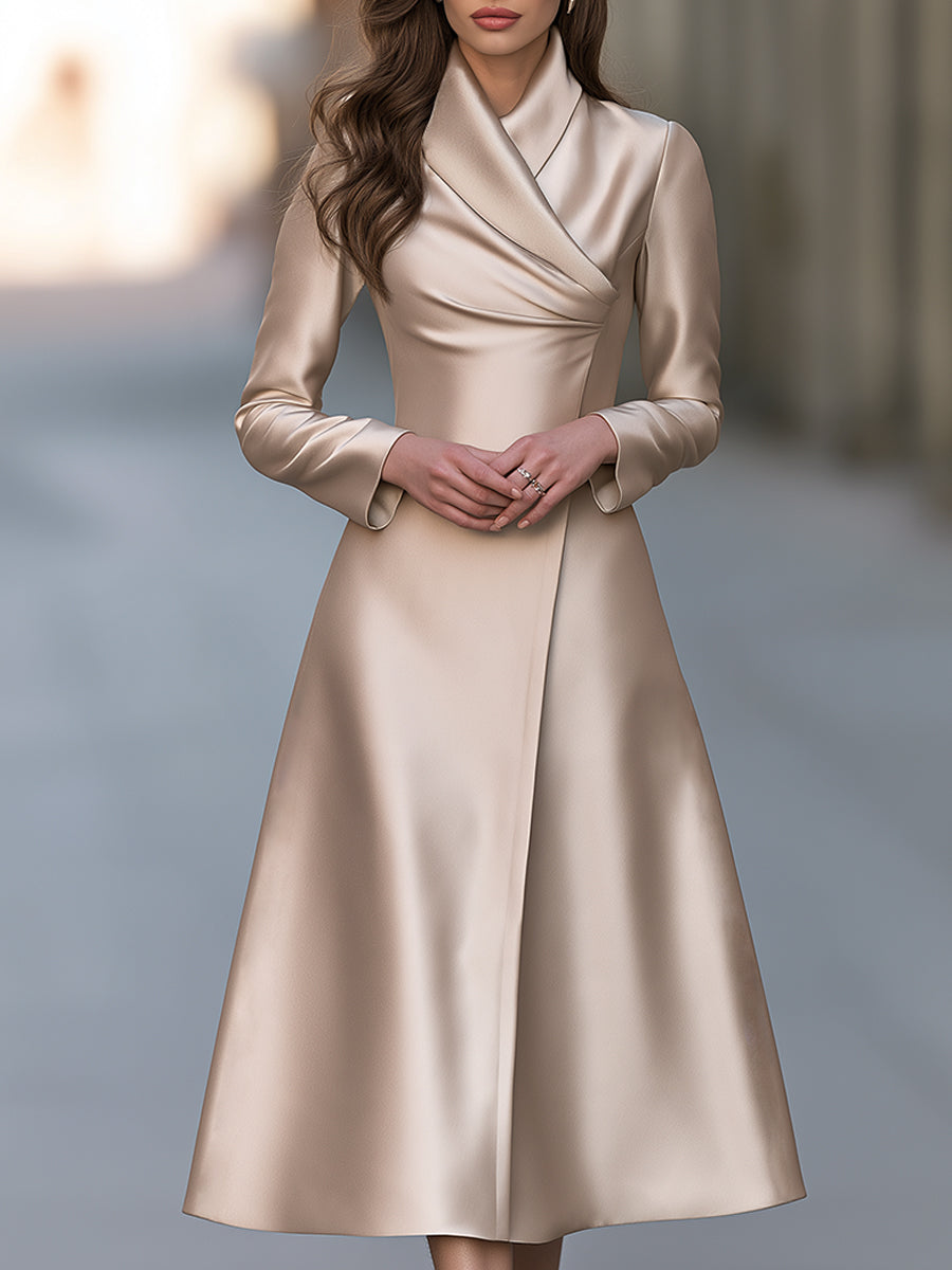 Elegant Champagne Satin Long Sleeve Wrap Front A-Line Maxi Dress