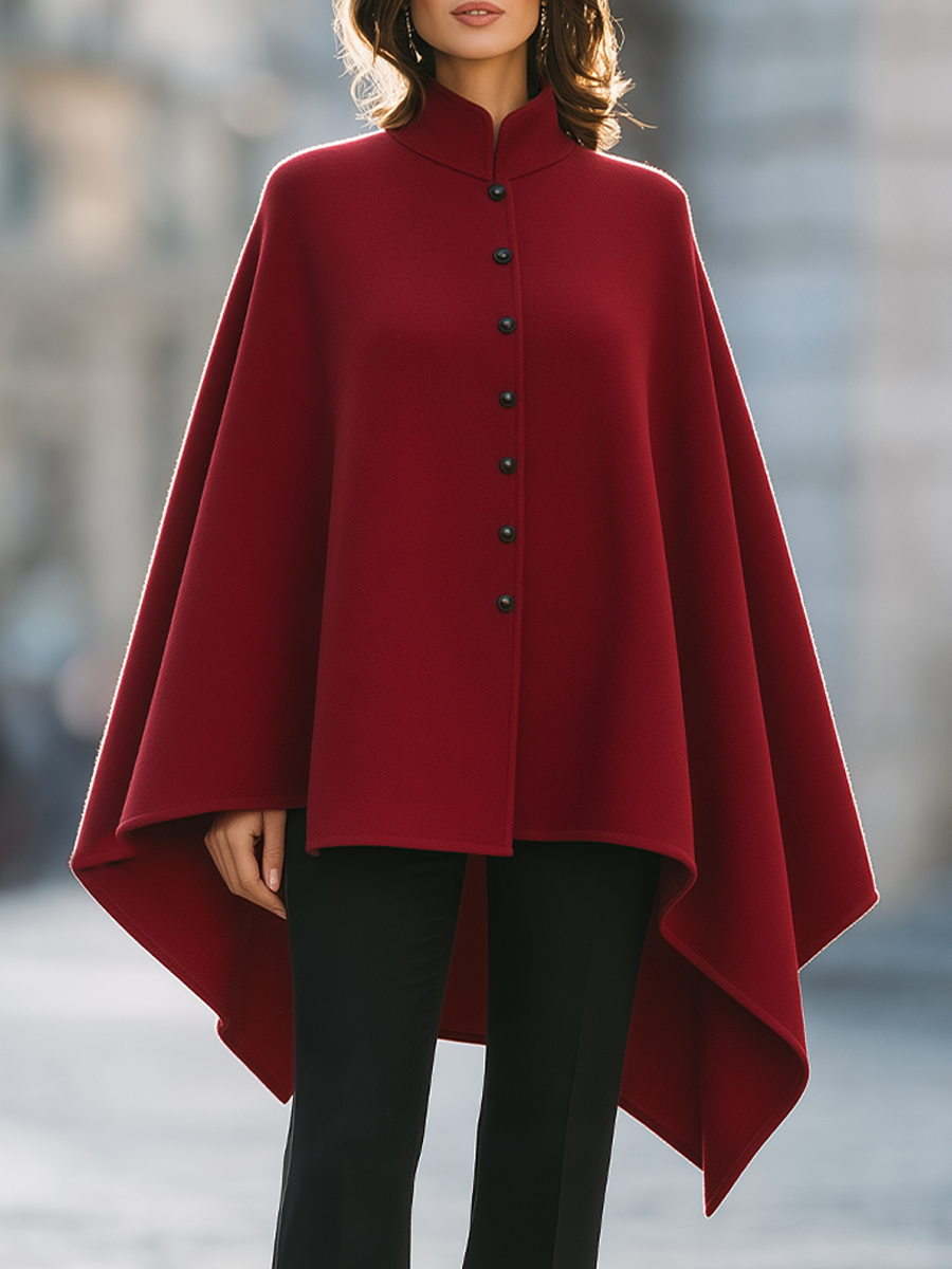Burgundy Stand Collar Button Front Wool Cape Coat
