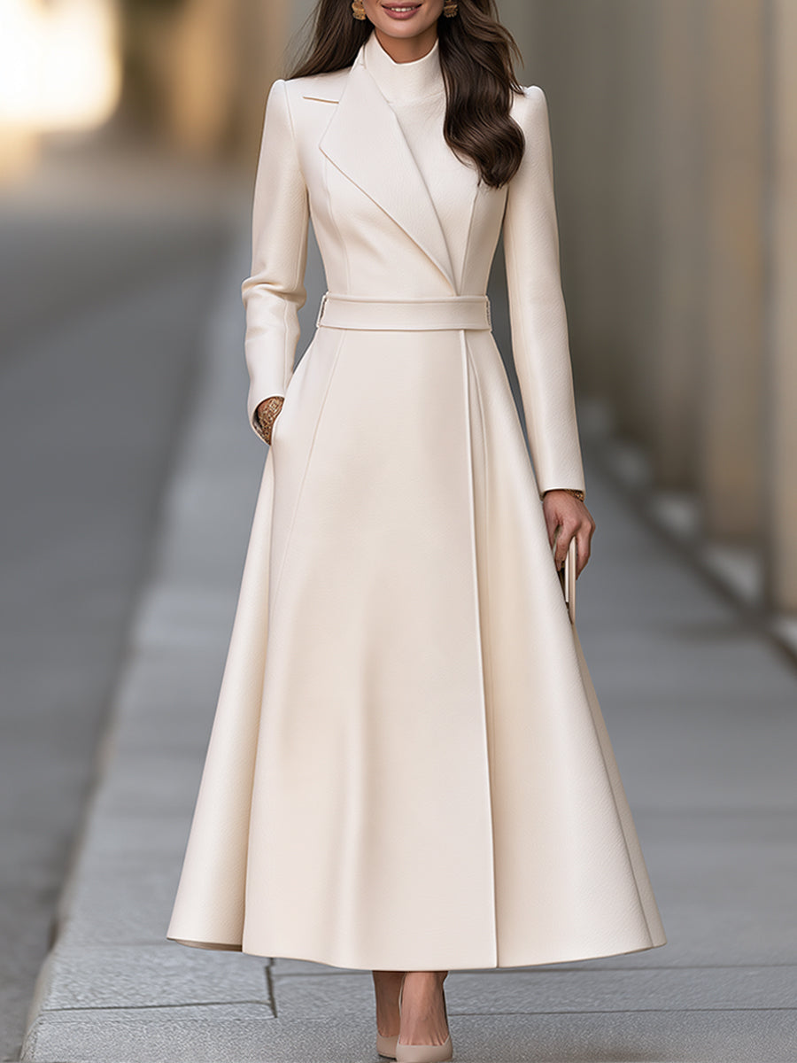 Elegant Ivory Belted Tailored Lapel A-Line Maxi Coat Dress