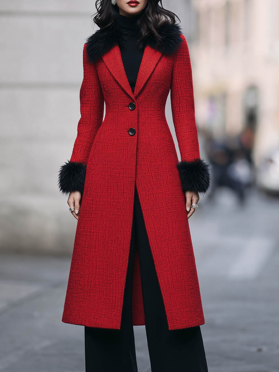 Red Tweed Fitted Midi Coat