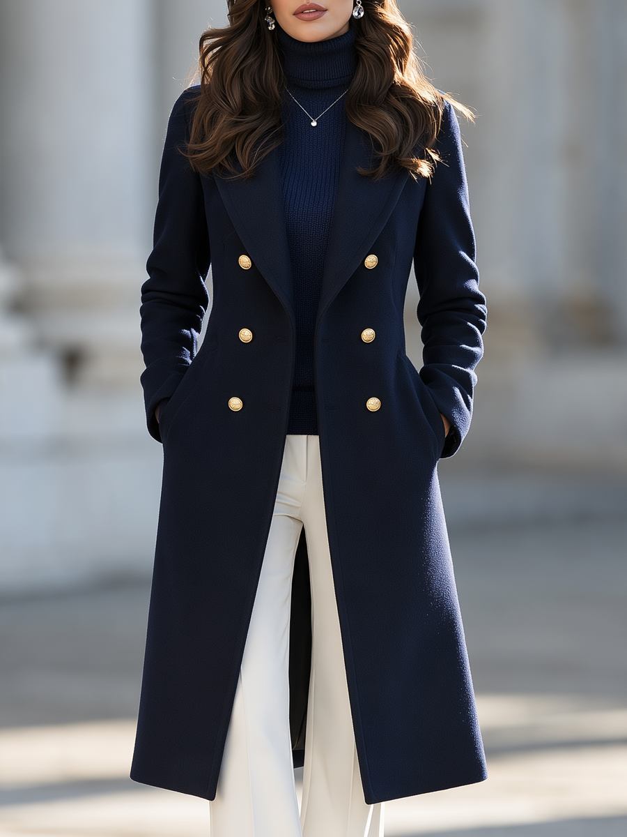 Elegant Notched Lapel Double Breasted Long Wool Coat