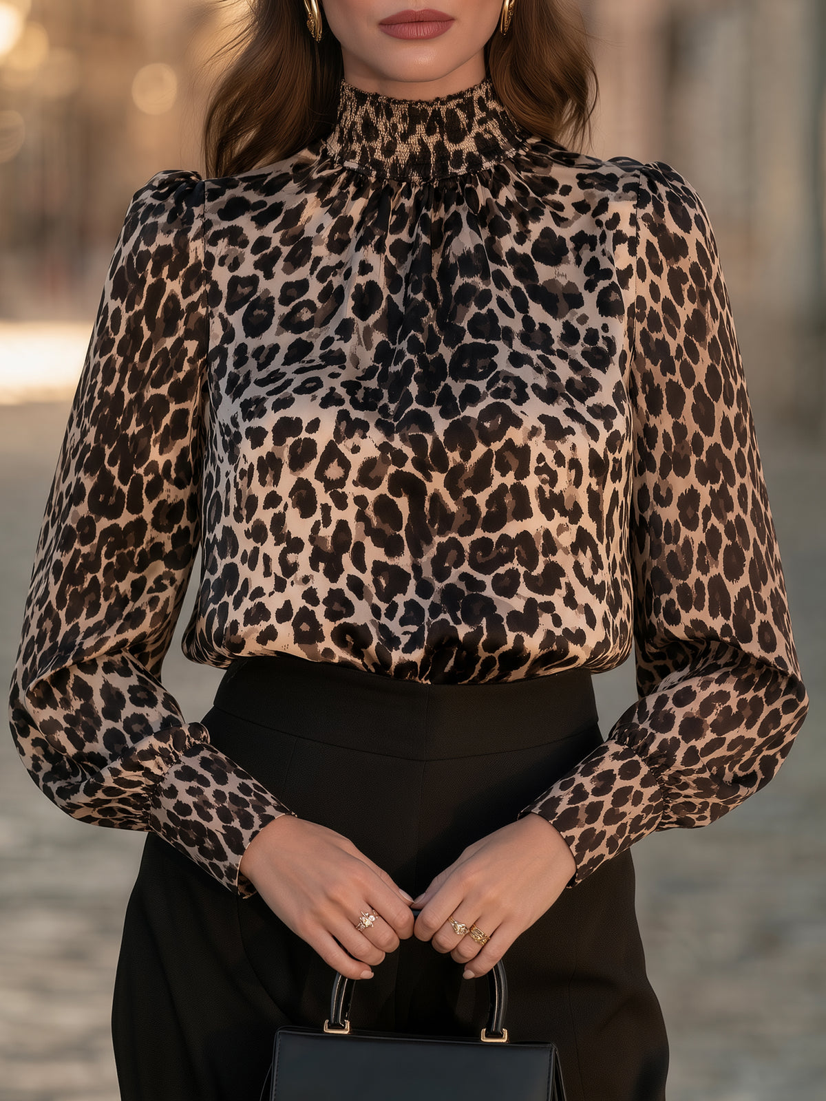 Leopard Print Satin High-Neck Blouse