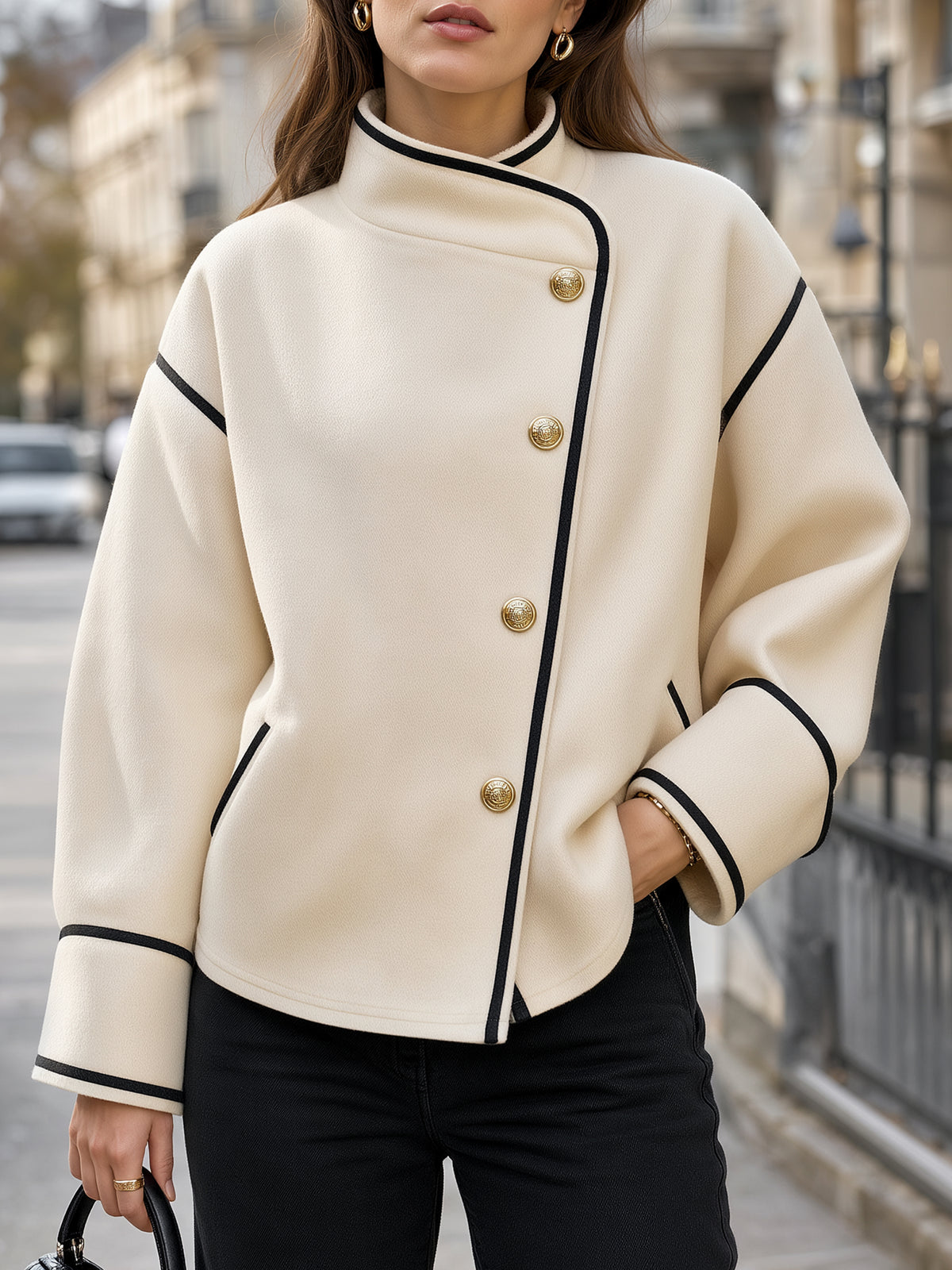 Contrast Piping Asymmetric Short Coat