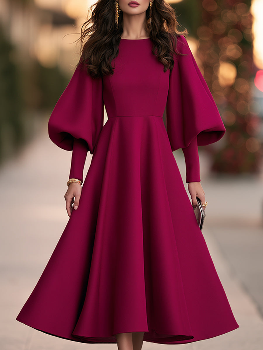 Women's Burgundy Balloon Sleeve Round Neck A-Line Midi Dress