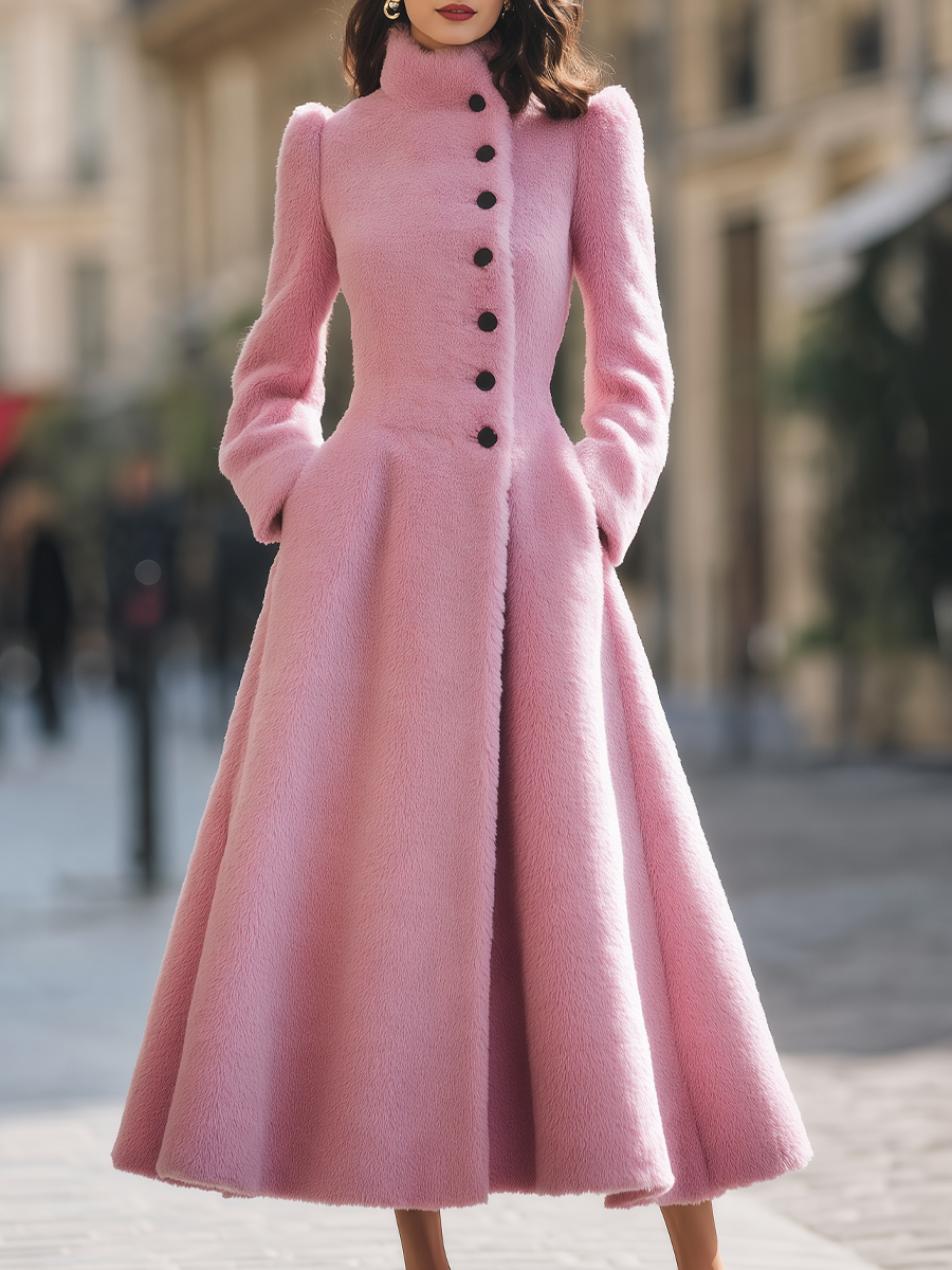 Pink Fuzzy High Neck Fit-and-Flare Midi Wool Coat