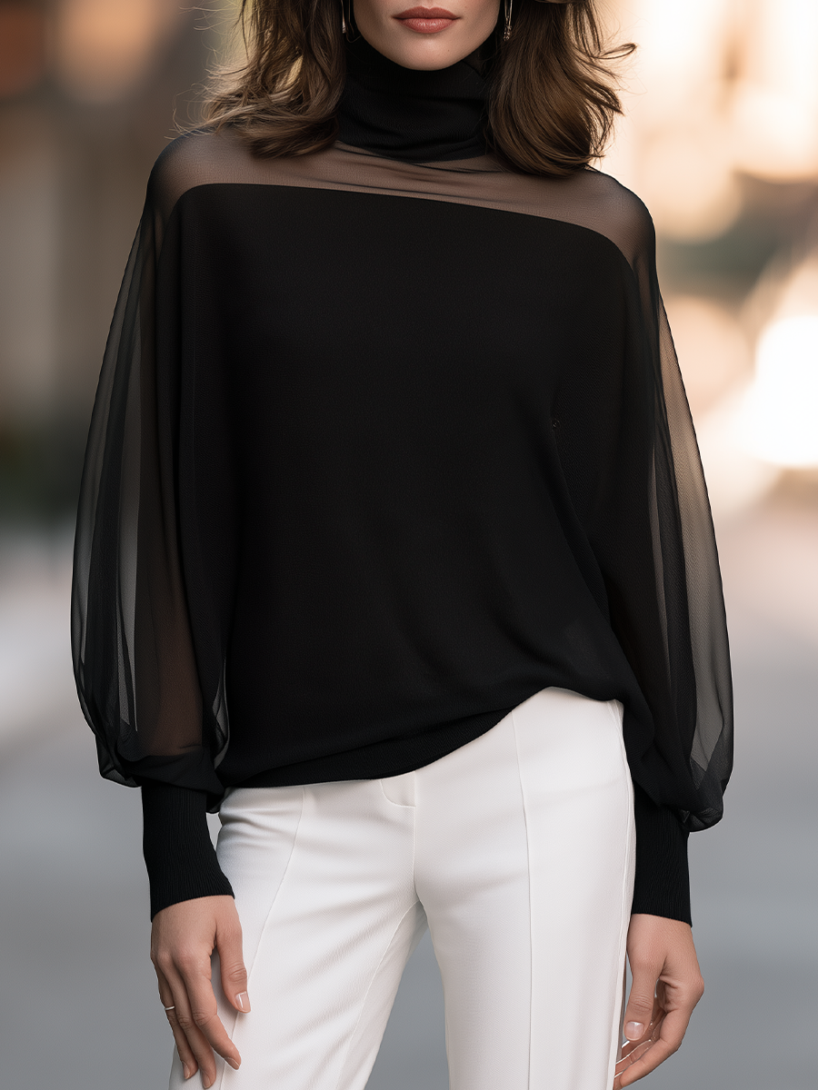 High Neck Top With Sheer Yoke And Balloon Sleeves