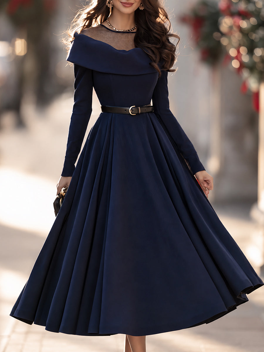 Elegant Sheer Mesh Off-Shoulder Belted A-Line Midi Dress