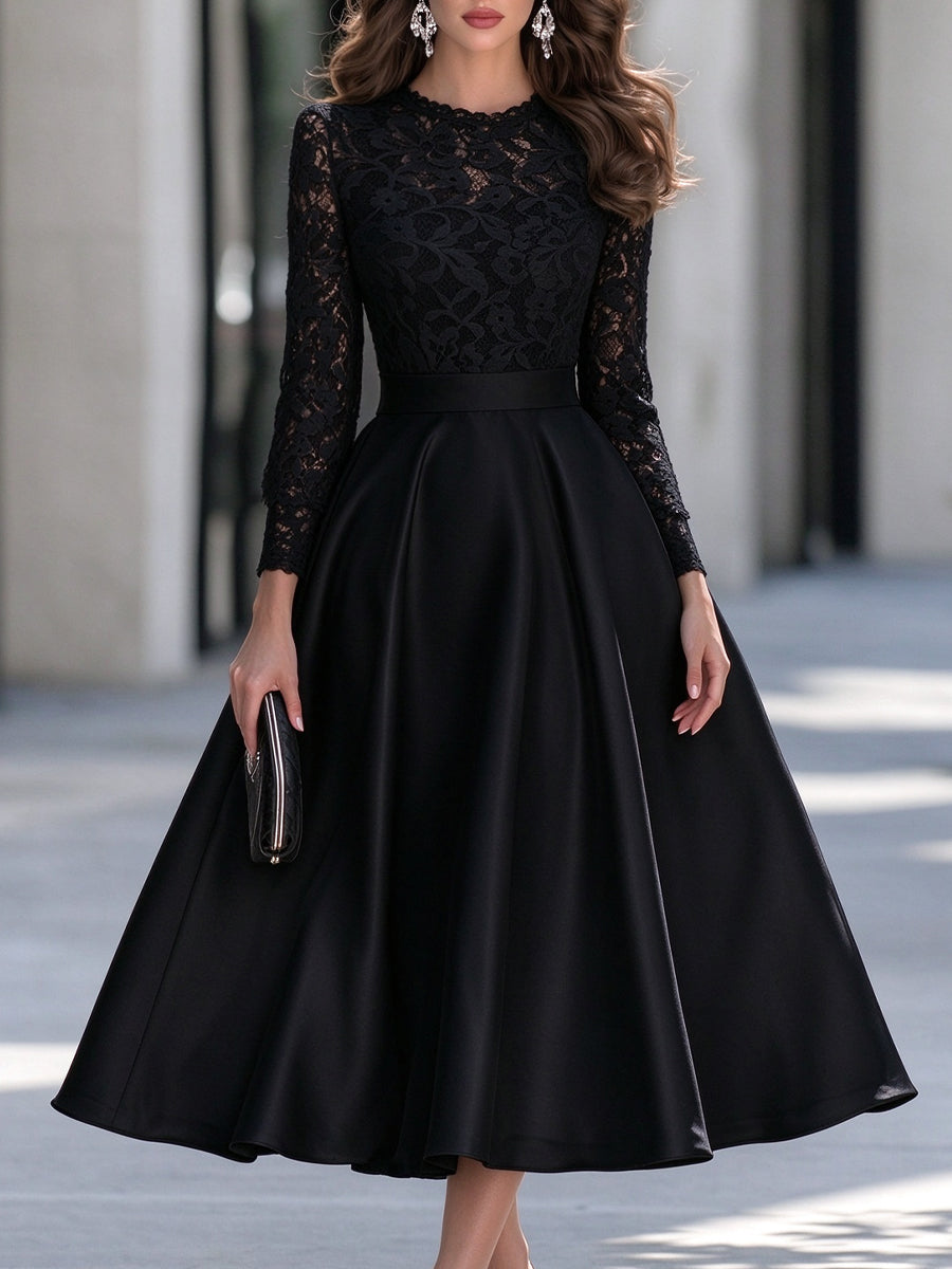 Round Neckline Lace Long Sleeve A-Line Satin Midi Dress
