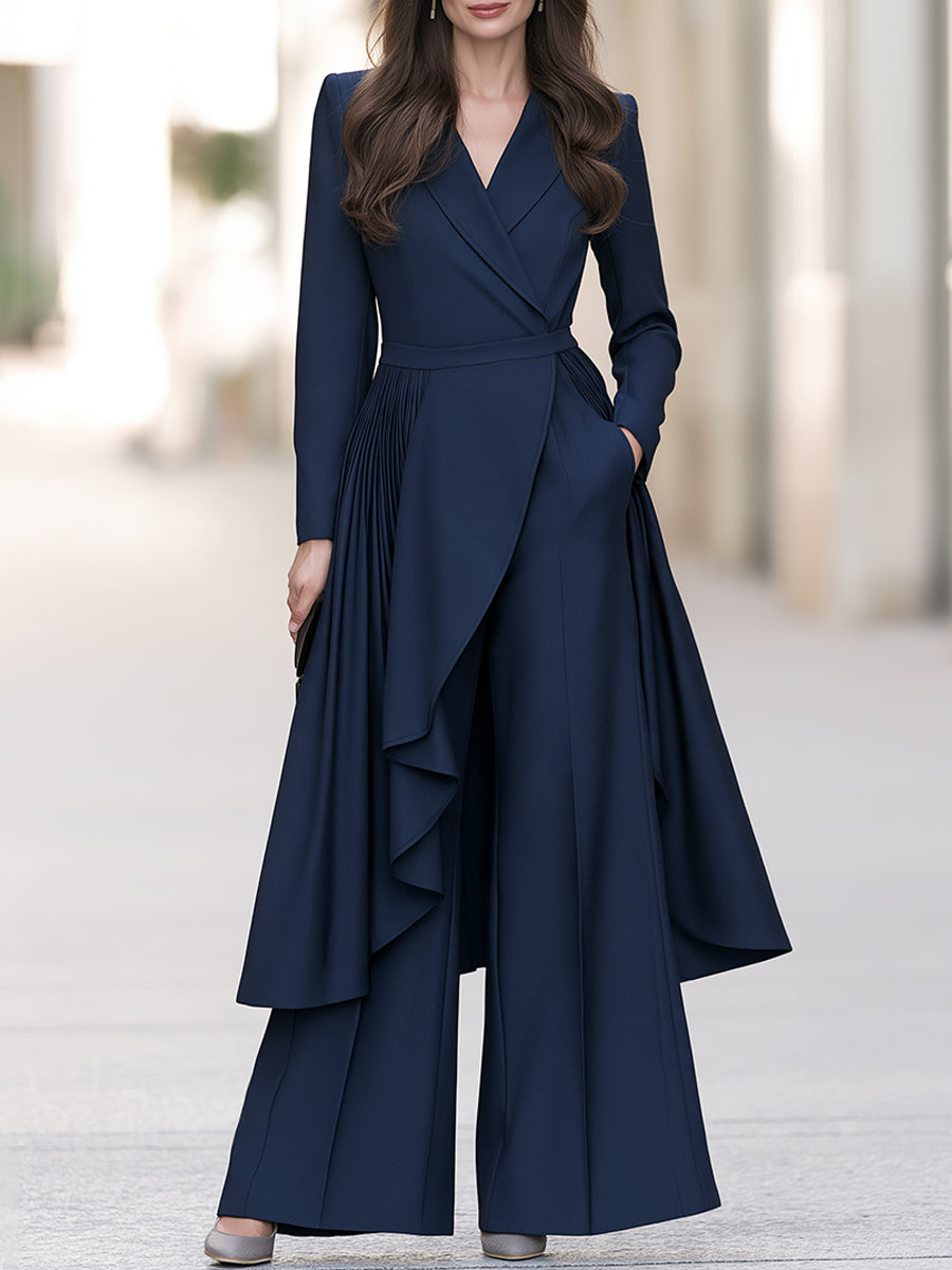 Elegant Navy Wrap Blazer Wide-Leg Pants Two-Piece Set