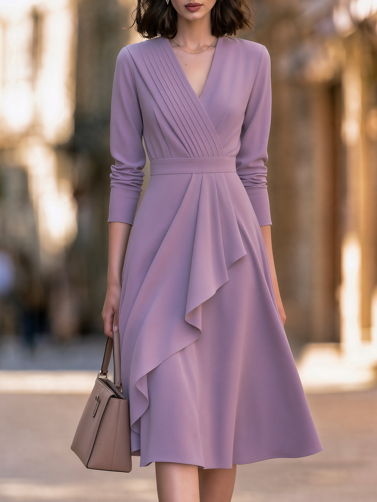 Pleated V-Neck Cascading Ruffle Midi Dress