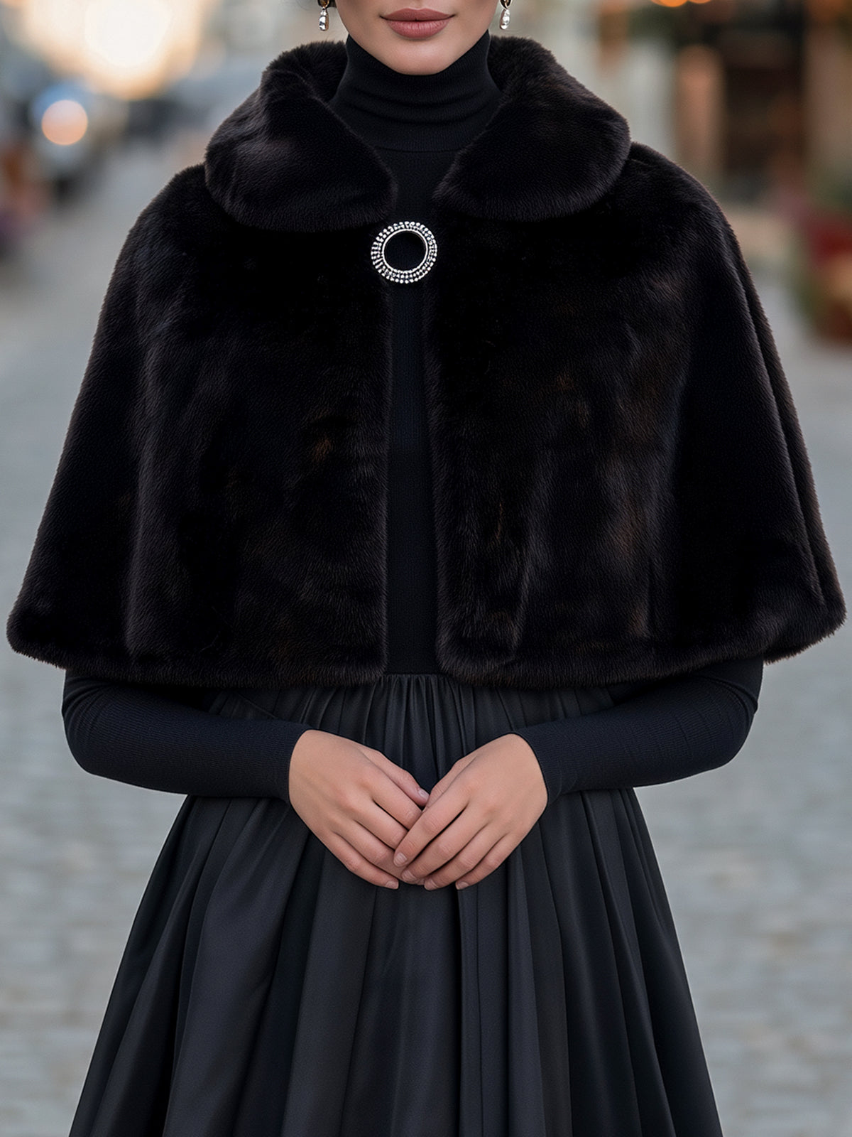 Faux Fur Brooch-Accent Cropped Cape Shawl