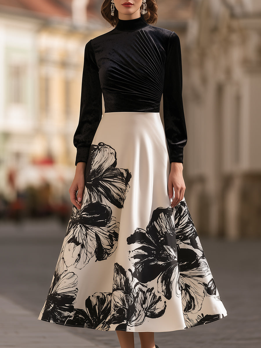 Floral Print Velvet-Bodice Midi Dress