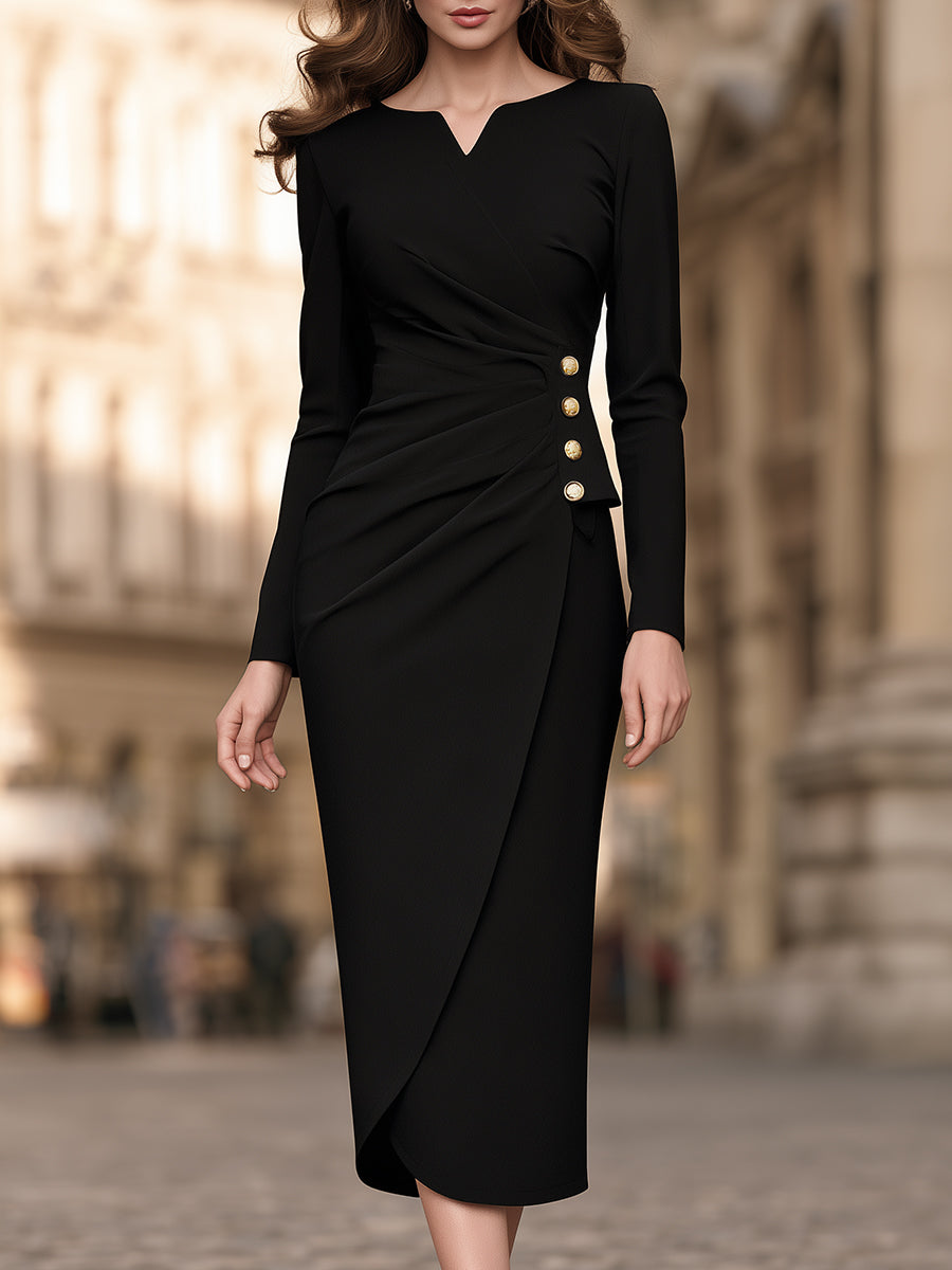 Ruched Wrap-Front Sheath Midi Dress