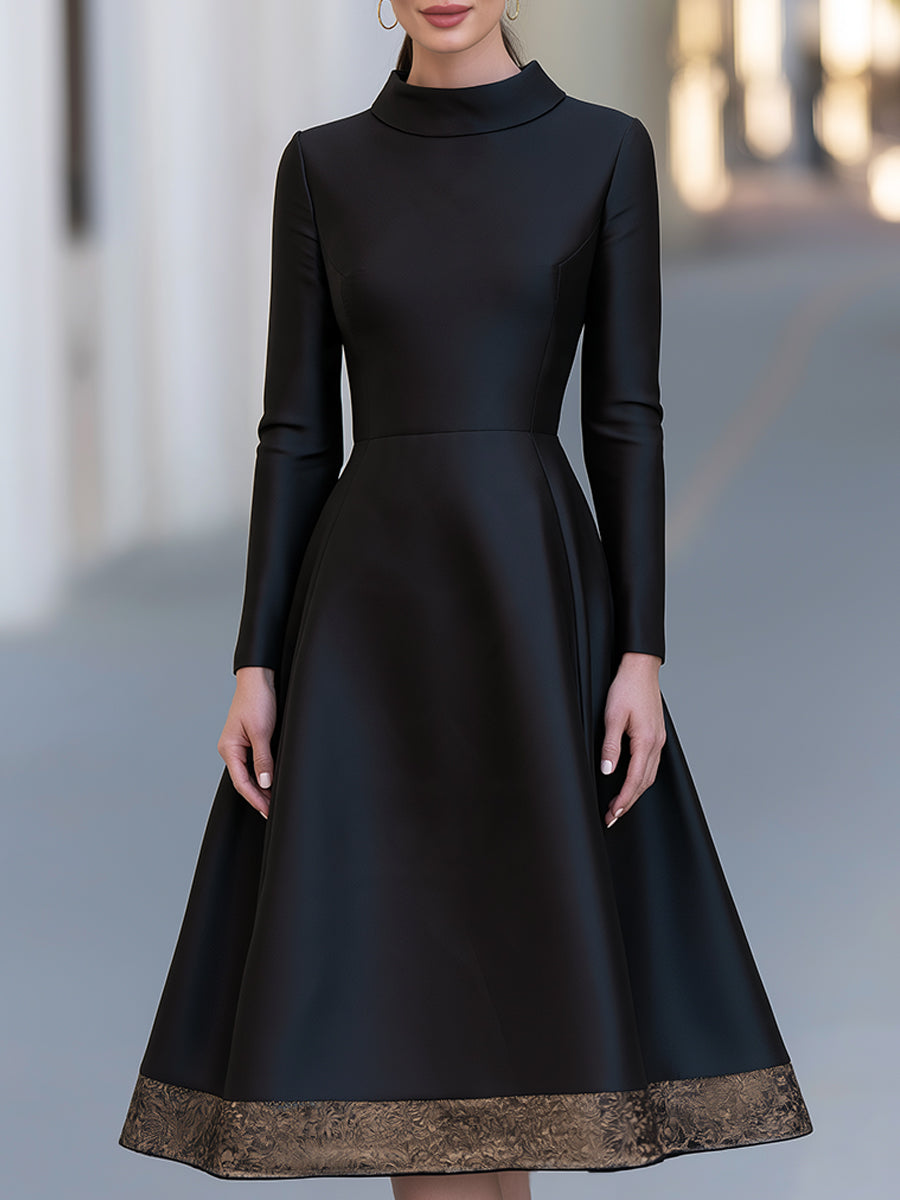 Black A-Line Midi Dress With Mock Neck And Gold-Accented Lace Trim
