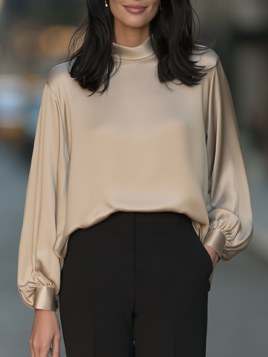 Mock Neck Blouse With Balloon Sleeves And Banded Cuffs