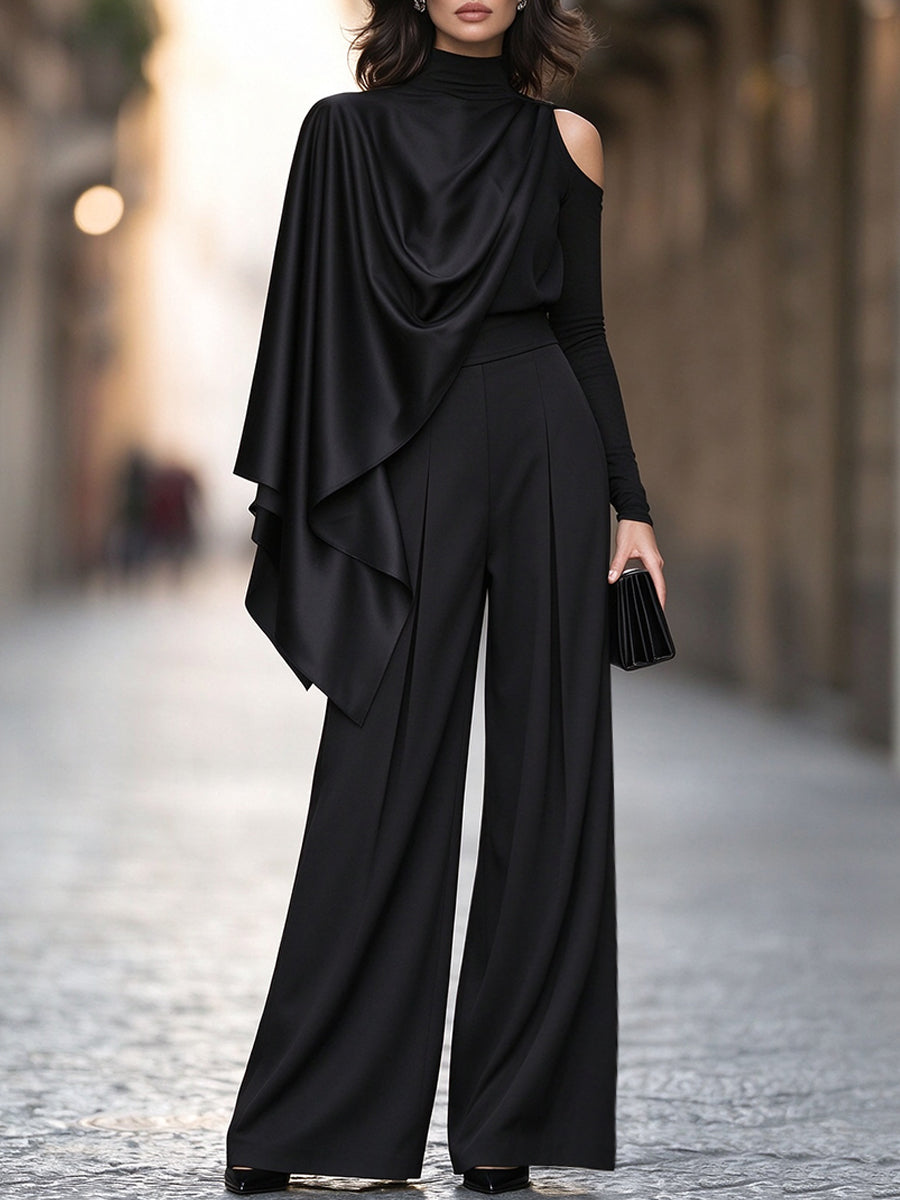 Asymmetric Satin Draped Top And Wide-Leg Trousers Two-Piece Set