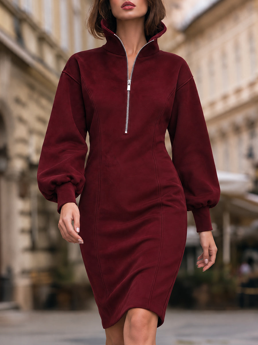 Half-Zip Balloon-Sleeve Sheath Dress