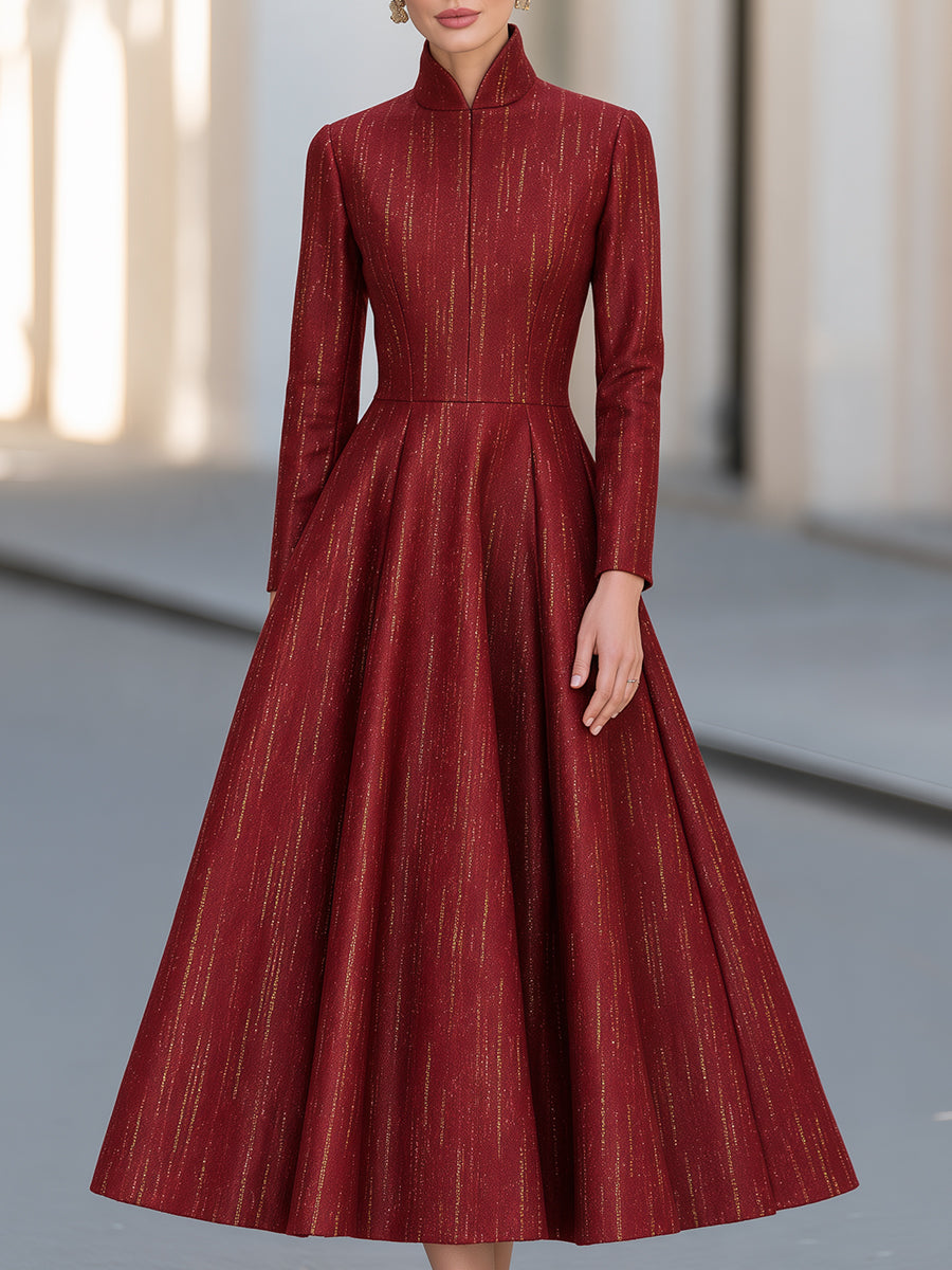 Burgundy Metallic Stripe High-Neck A-Line Midi Dress