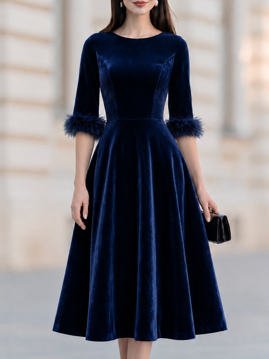 Velvet Round Neck Feather Cuff Fit And Flare Midi Dress