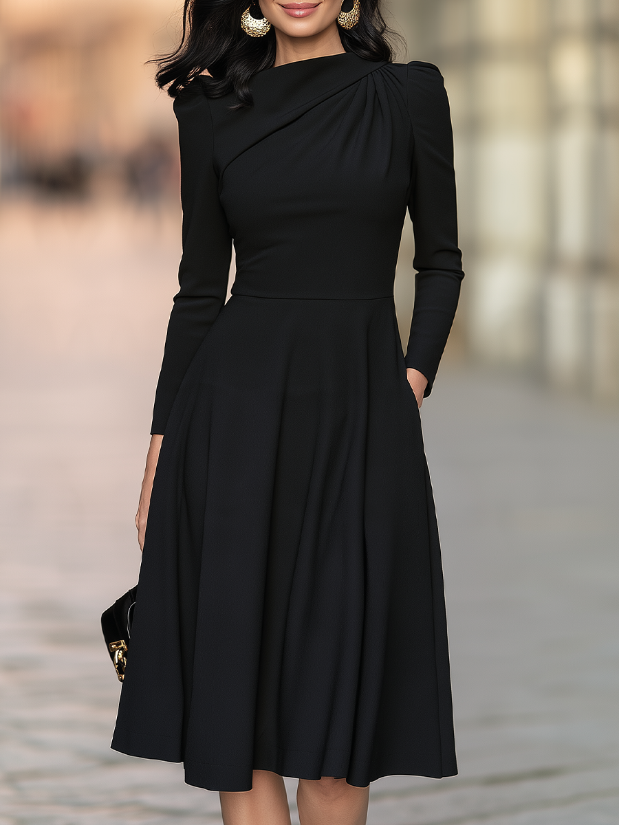 Asymmetric Draped Neck Midi Dress With Puff Shoulders And Flared Skirt