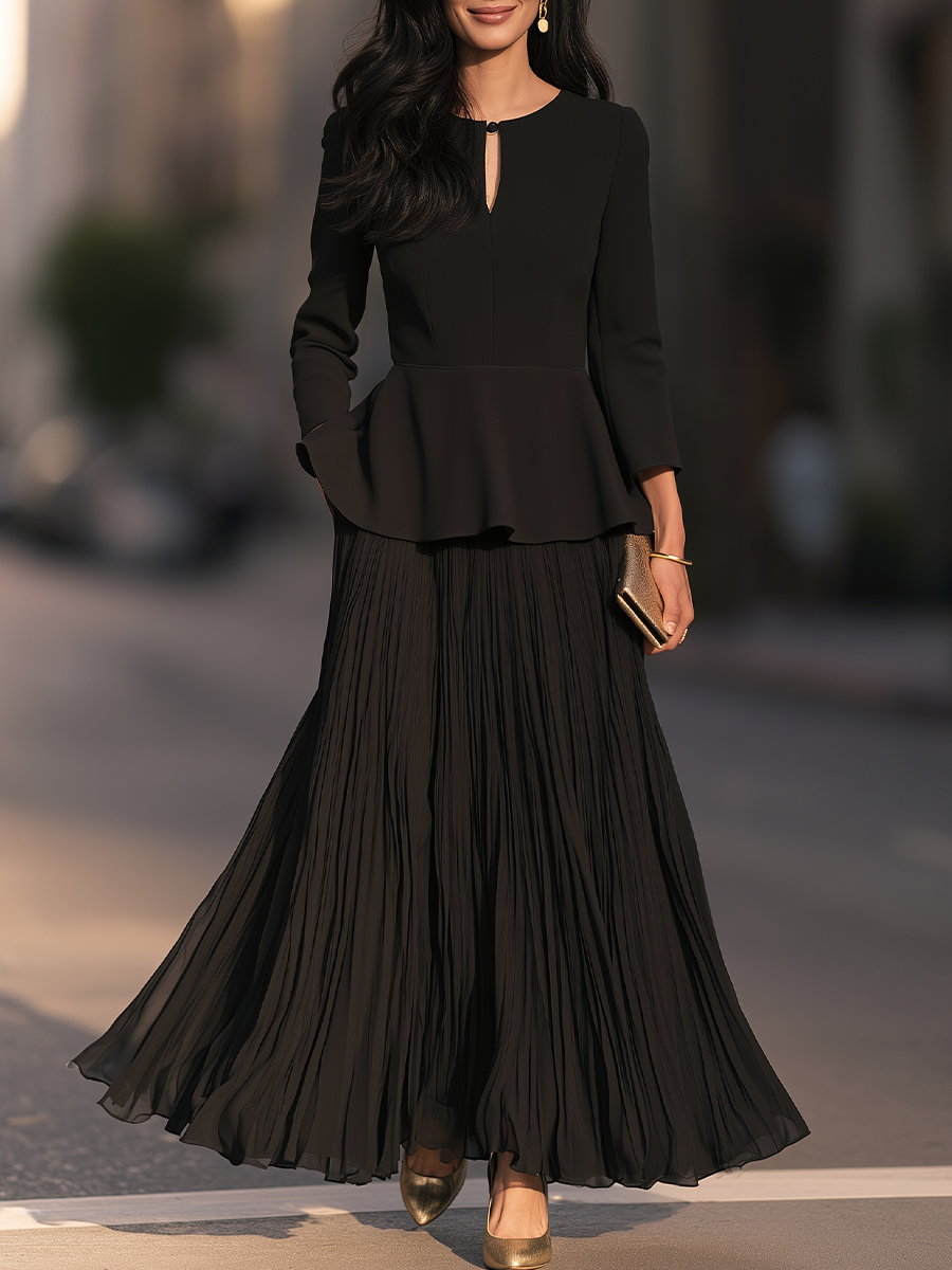 Keyhole Neck Peplum Maxi Dress With Pleated Skirt