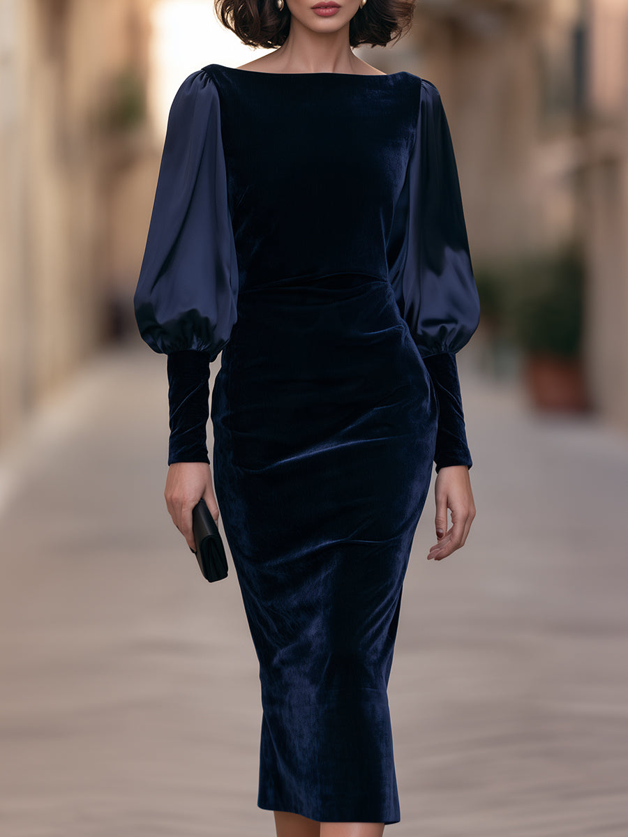 Velvet Boat-Neck Satin Bishop Sleeves Midi Sheath Dress