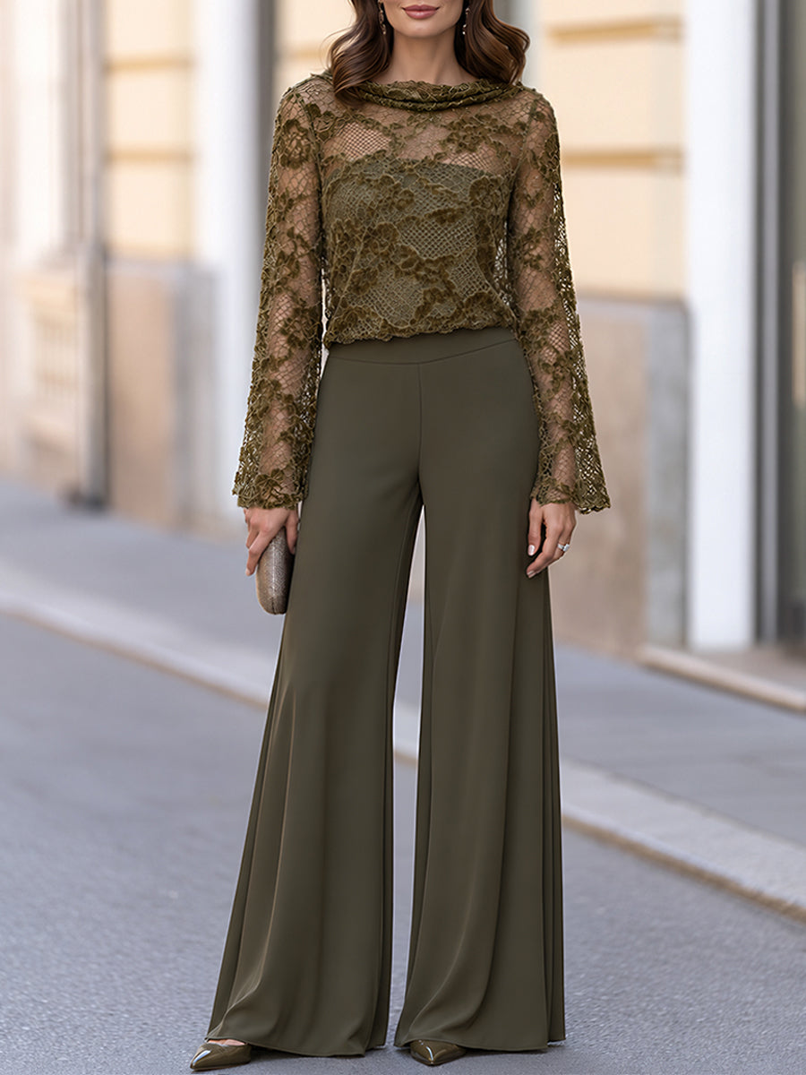 Elegant Floral Lace Top And Wide-Leg Pants Two-Piece Set