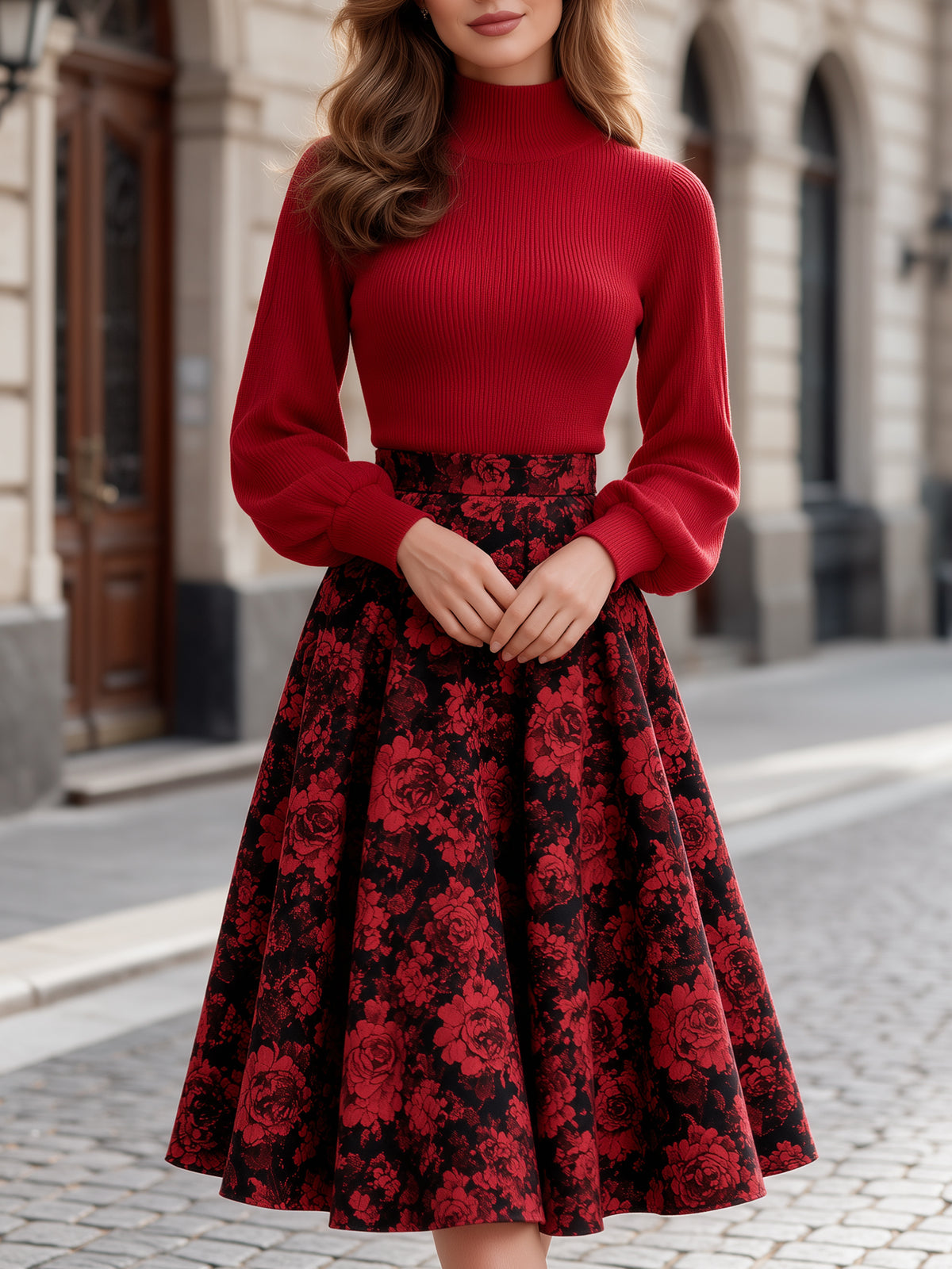 Mock Neck Knit Top and Floral Jacquard A-Line Midi Skirt Set