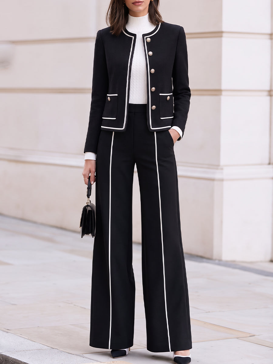 Contrast Piping Tailored Jacket & Wide Leg Trousers Two Piece Set