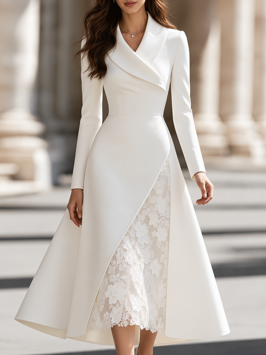 Elegant Shawl Lape Floral Lace Inset Wrap Midi Dress