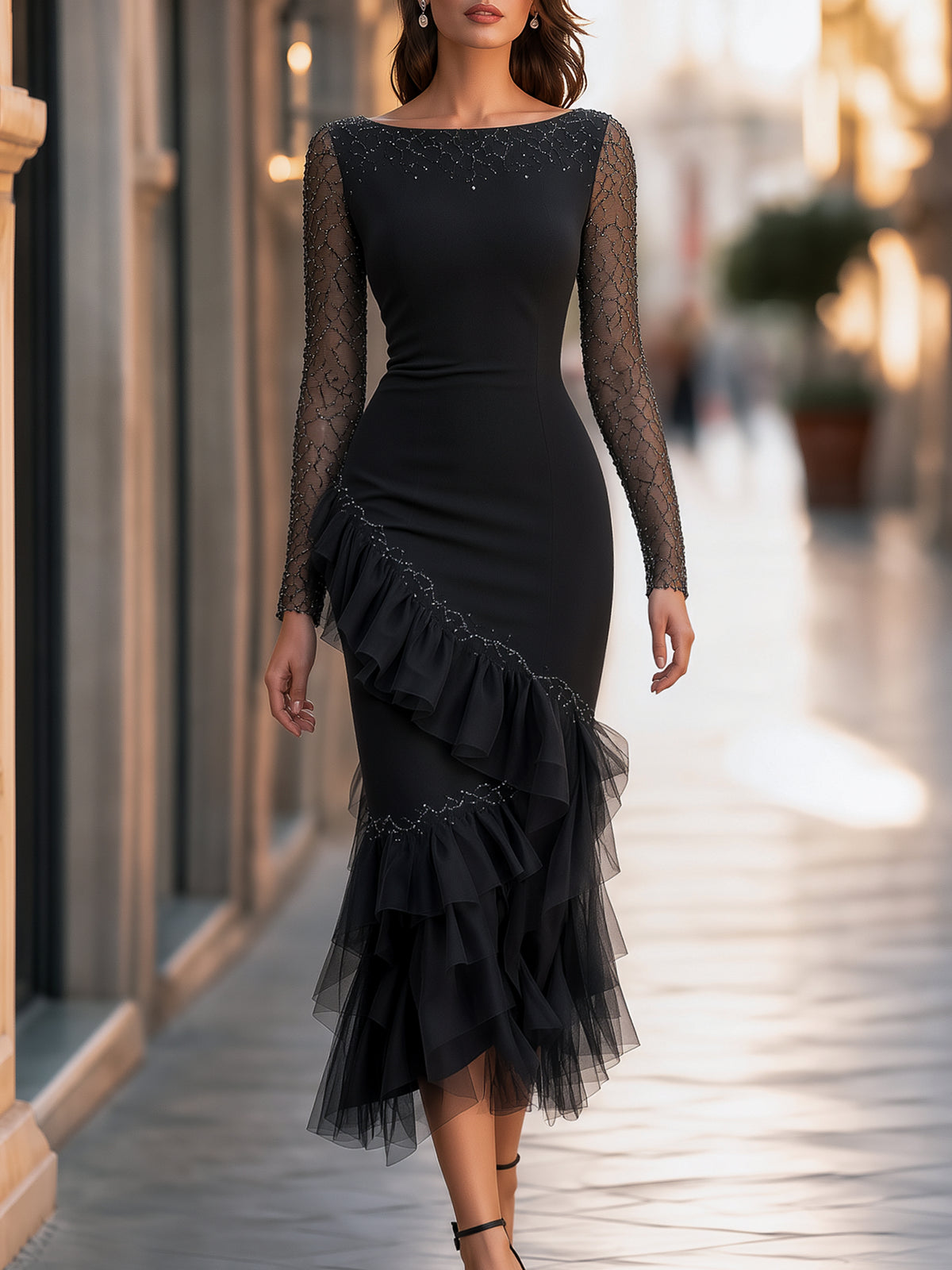 Elegant Black Beaded Sheer Mesh Sleeve Asymmetric Ruffle Midi Dress