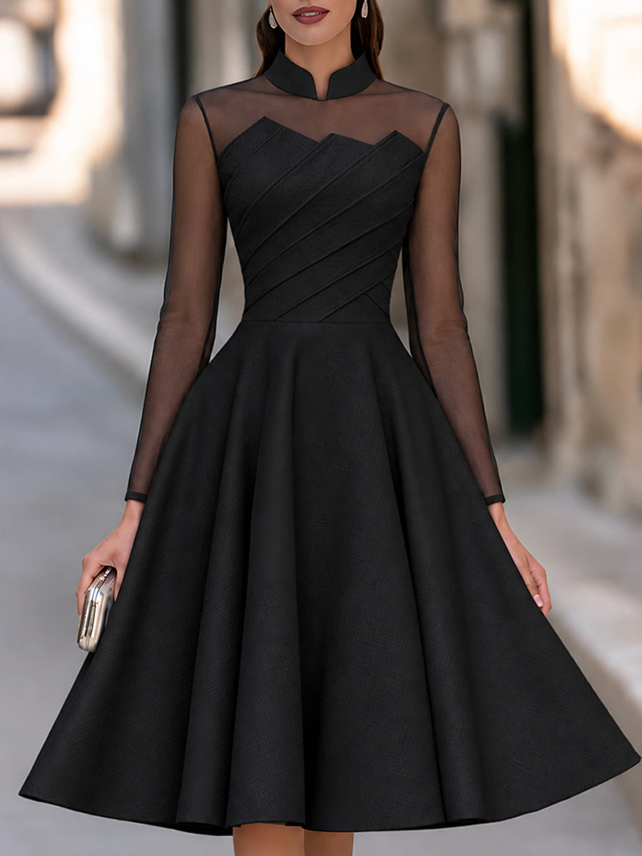 Black Sheer Mesh Long Sleeve Fit And Flare Midi Dress