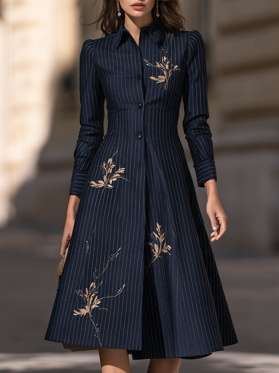 Navy Gold Pinstripe Embroidered Long Sleeve Shirt Midi Dress