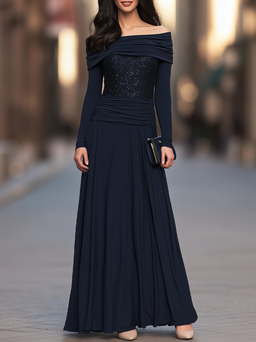 Off-Shoulder Gown With Sequin Bodice And Ruched Waist