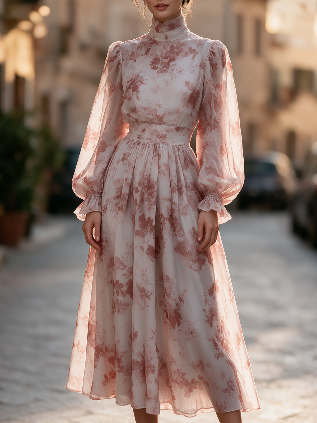 Floral Chiffon High Neck Midi Dress