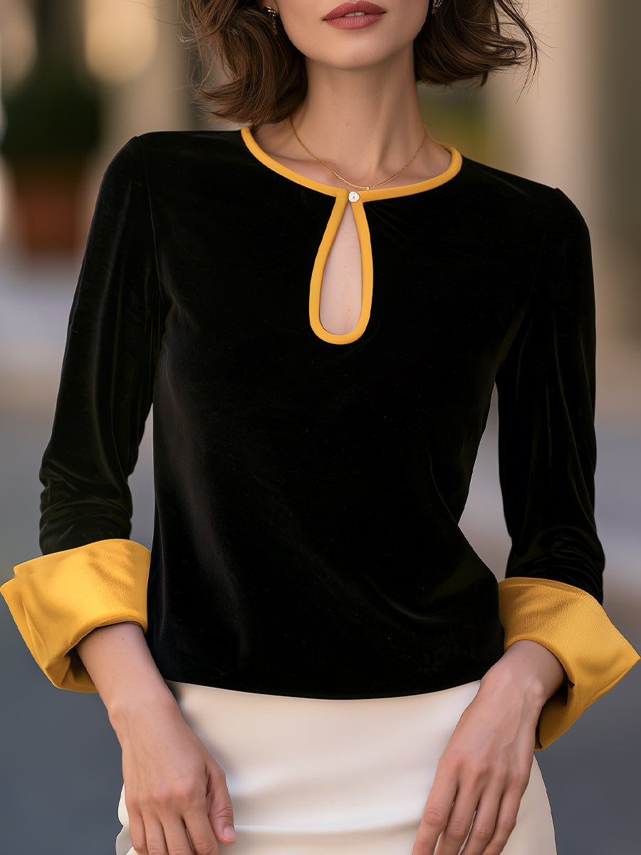 Elegant Keyhole Contrast Satin Cuffs Trim Velvet Blouse